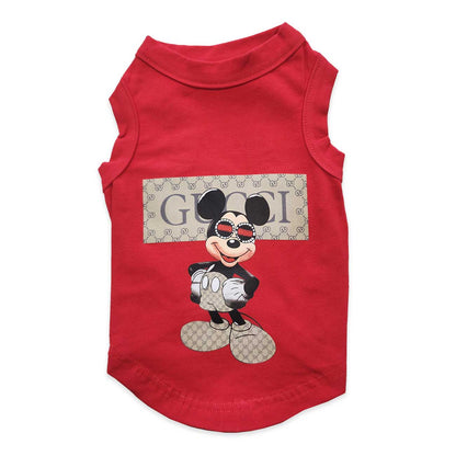 Red dog shirt with cartoon character and 'GUCCI' logo on a white background
