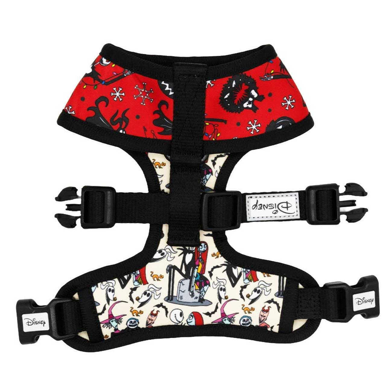 Dog harness with red and black top section and white and black bottom section featuring cartoon characters on a white background.