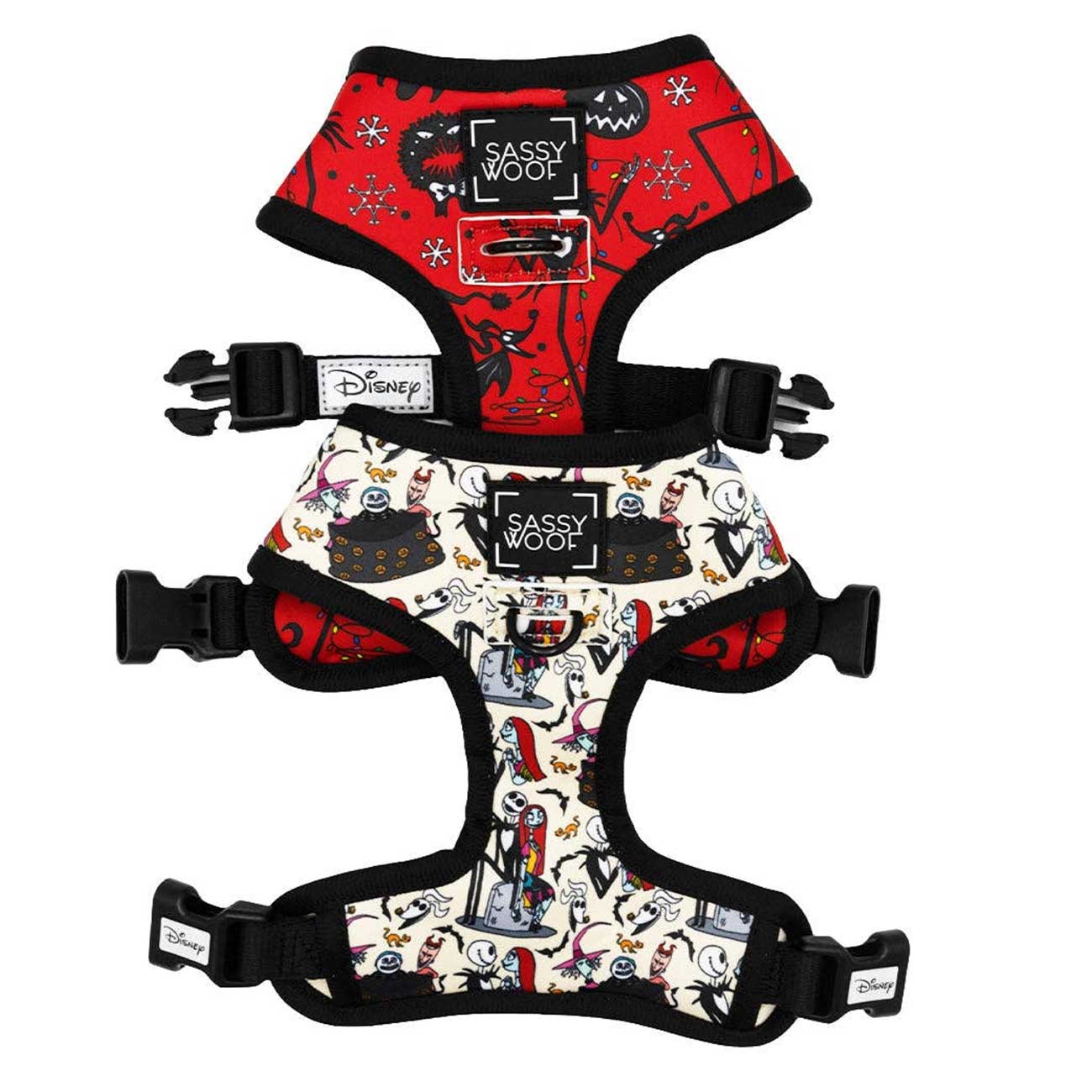 Two dog harnesses with different designs on a white background