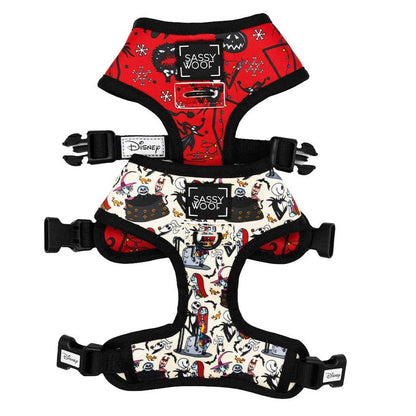 Two dog harnesses with different designs on a white background
