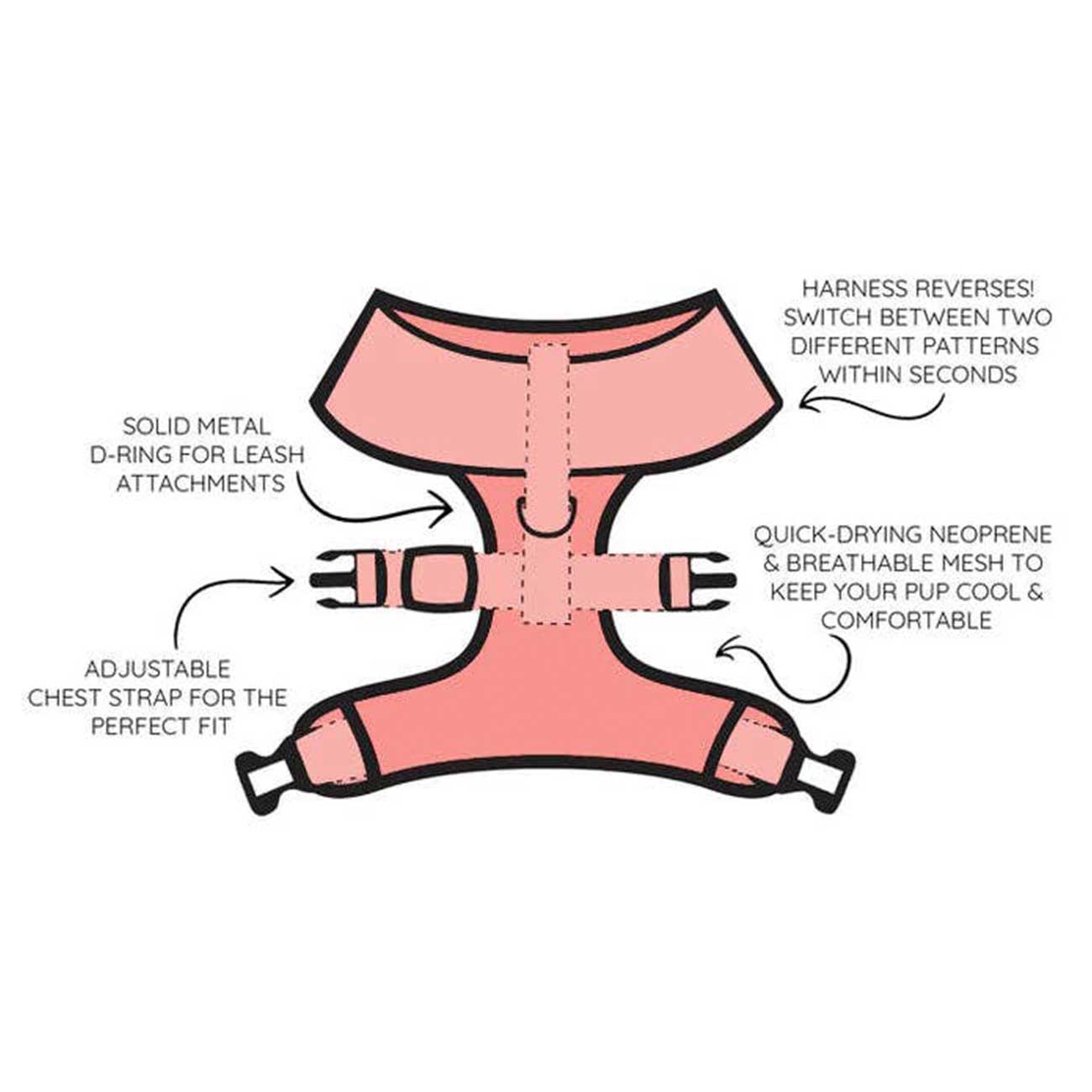 Diagram of a reversible dog harness with features labeled on a white background