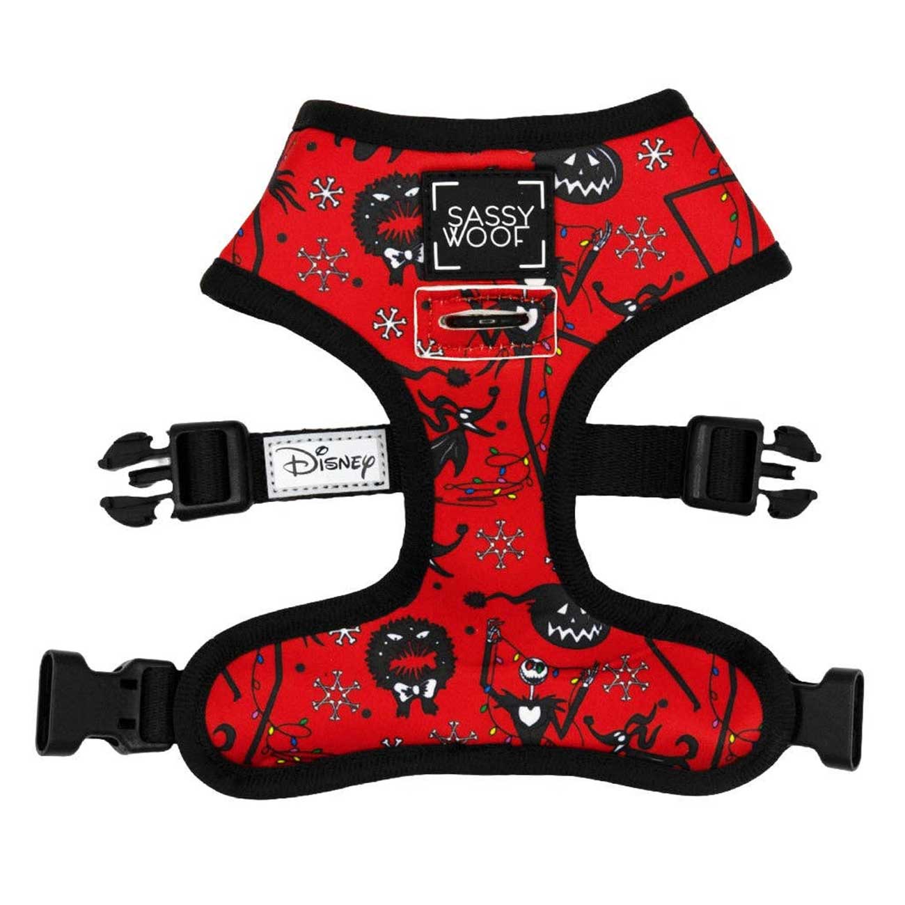Red dog harness with black and white design featuring Disney characters on a white background
