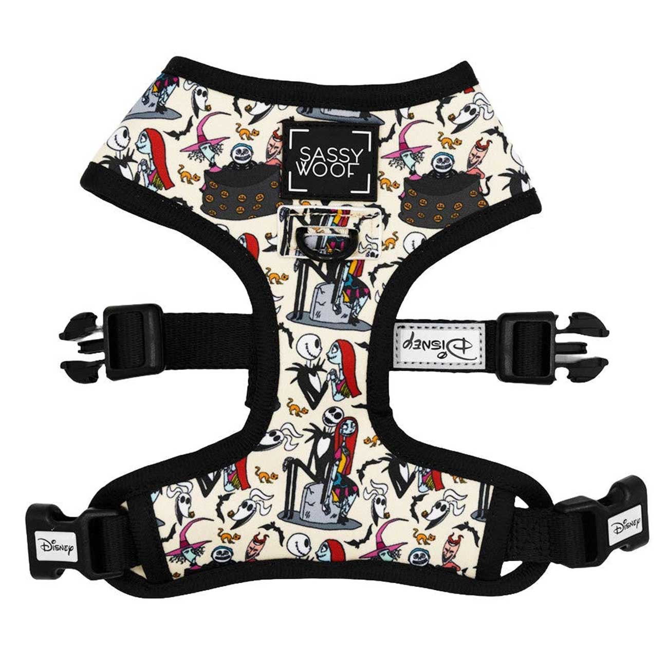 Dog harness with cartoon character pattern on a white background