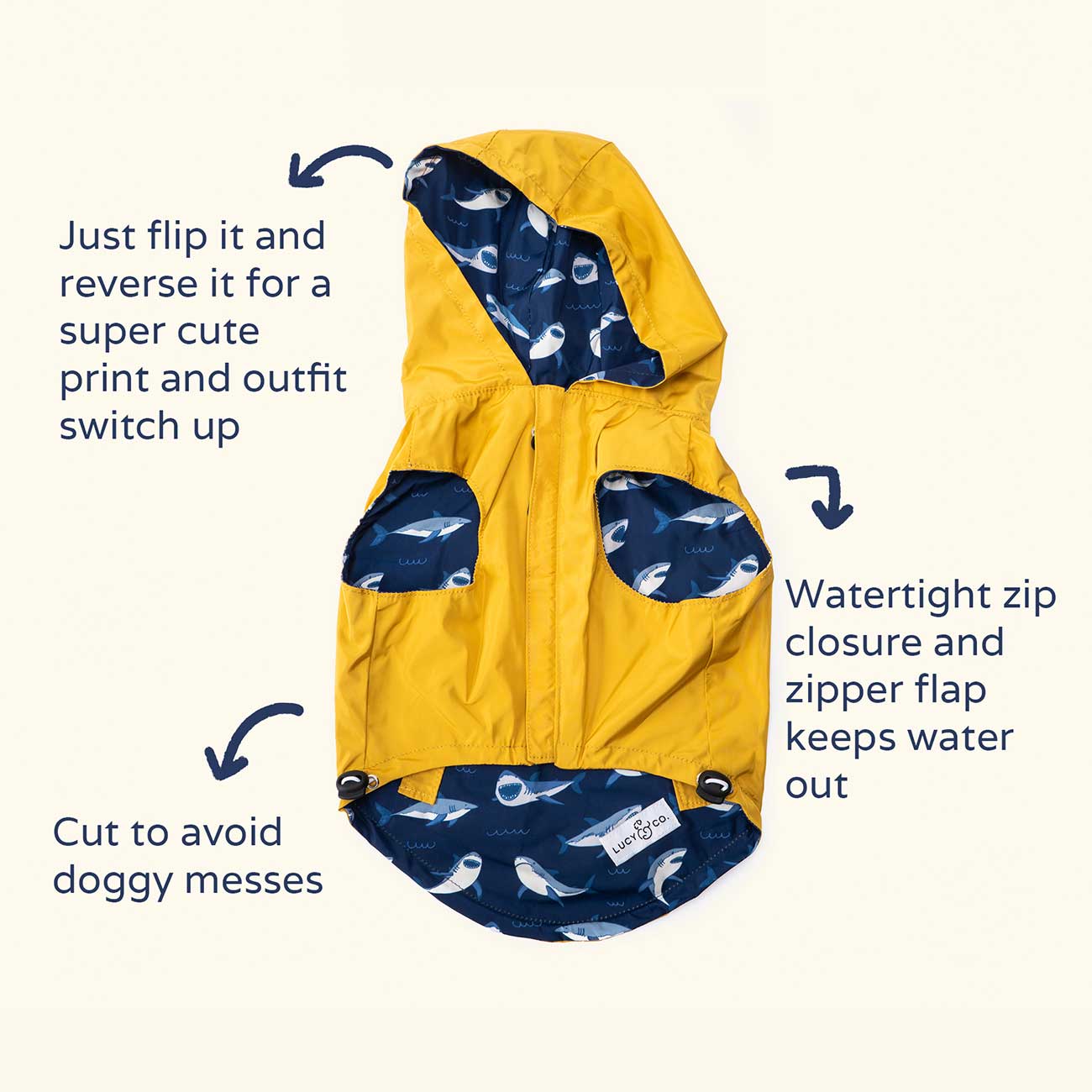 Yellow dog coat with navy pattern, featuring text on features and usage.