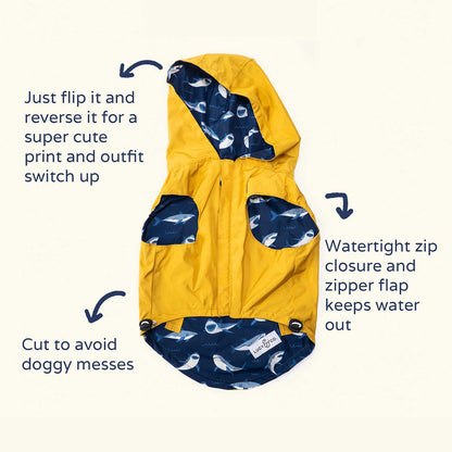 Yellow dog coat with navy pattern, featuring text on features and usage.
