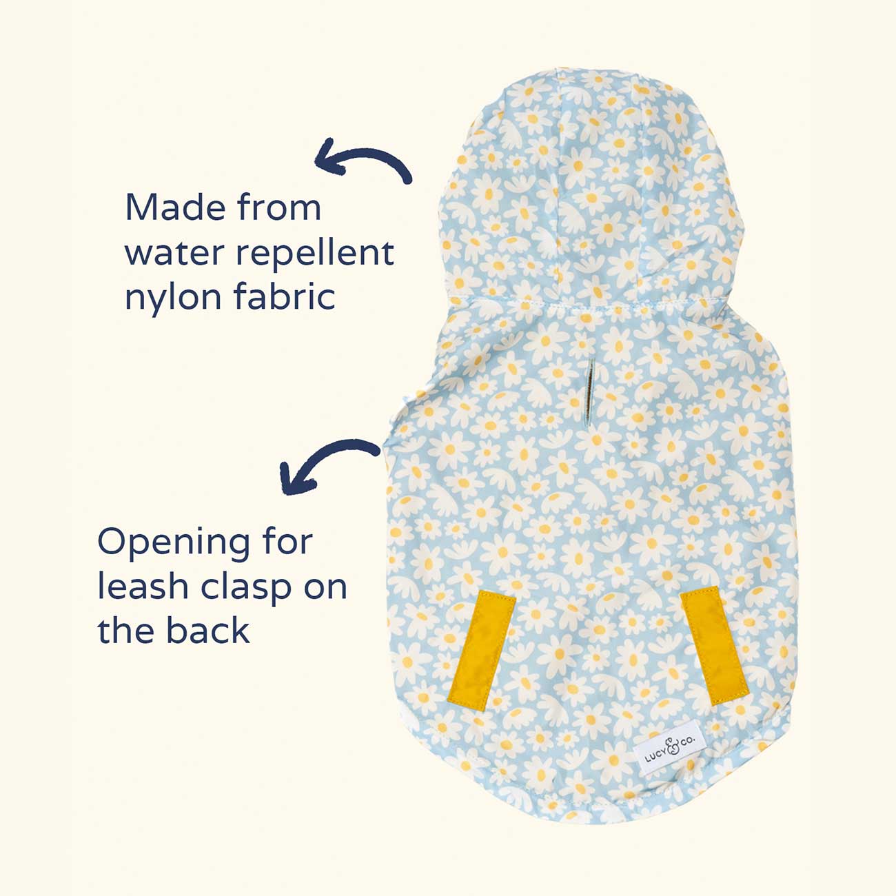 Product with text indicating water repellent nylon fabric and leash clasp opening on a white background
