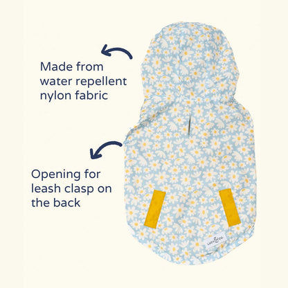 Product with text indicating water repellent nylon fabric and leash clasp opening on a white background