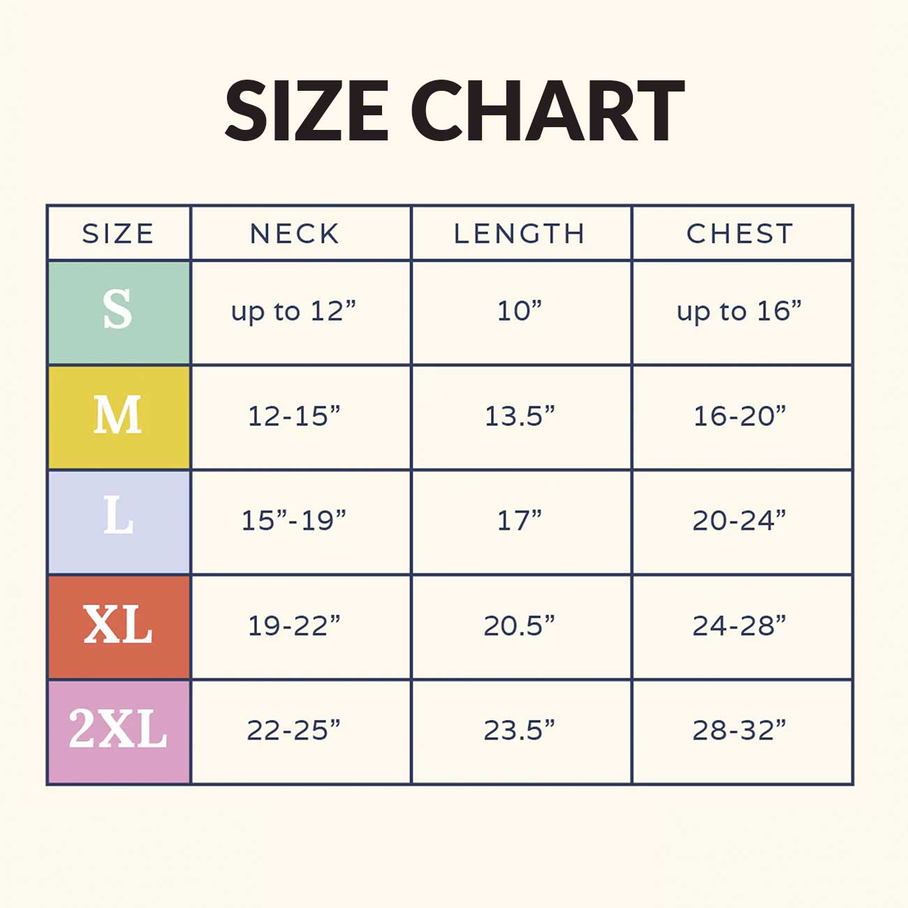 Size chart for clothing with color-coded sizes on a white background