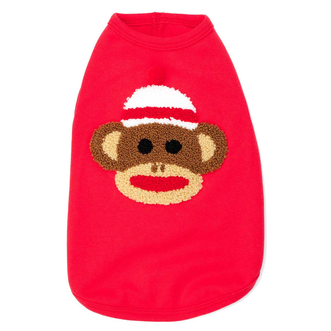 Red dog sweater with a monkey face design on a white background