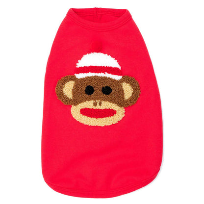 Red dog sweater with a monkey face design on a white background