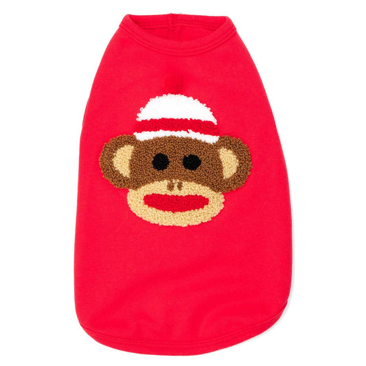 Red dog sweater with a monkey face design on a white background
