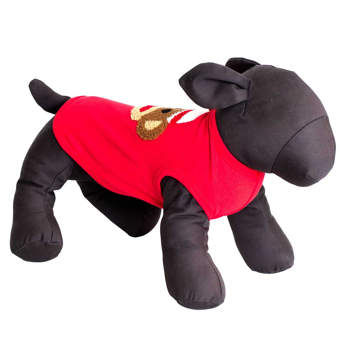 Black dog plush toy wearing a red shirt with a monley patch emblem on a white background