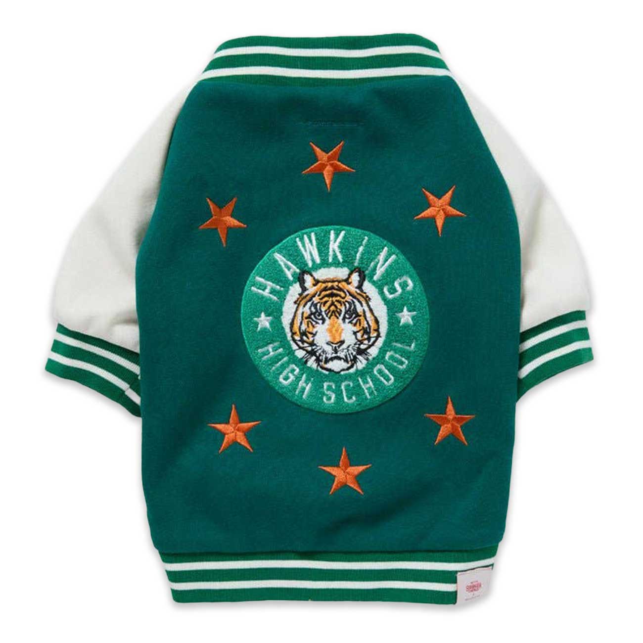 Green dog jacket with Hawkins High School logo and tiger emblem on a white background