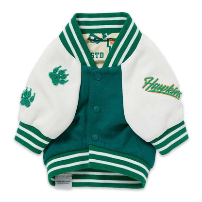 Green and white varsity jacket with embroidered details on a white background