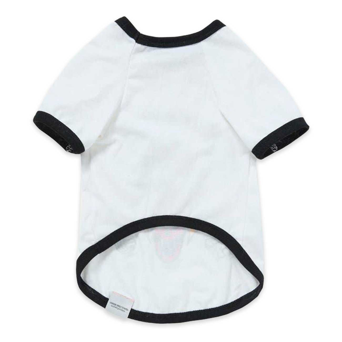 White pet shirt with black trim on a white background