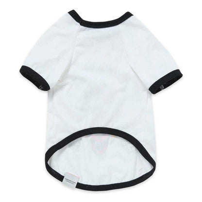 White pet shirt with black trim on a white background