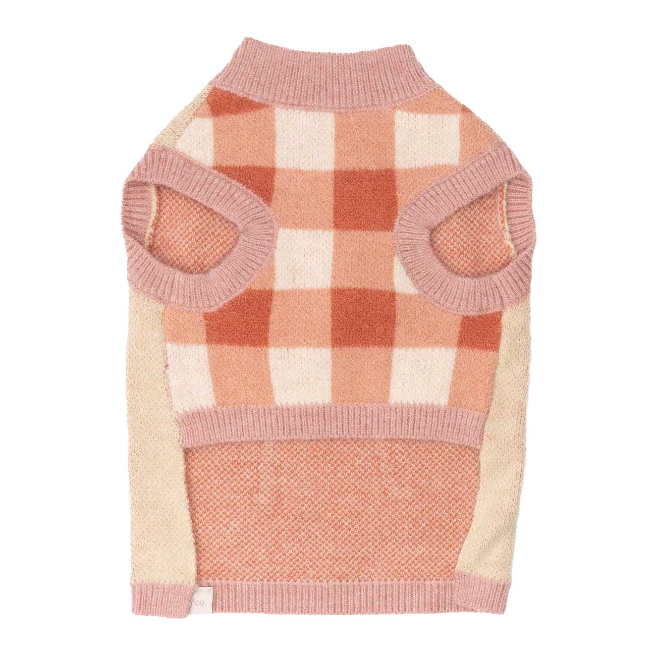 Dog sweater with pink and beige checkered pattern on a white background