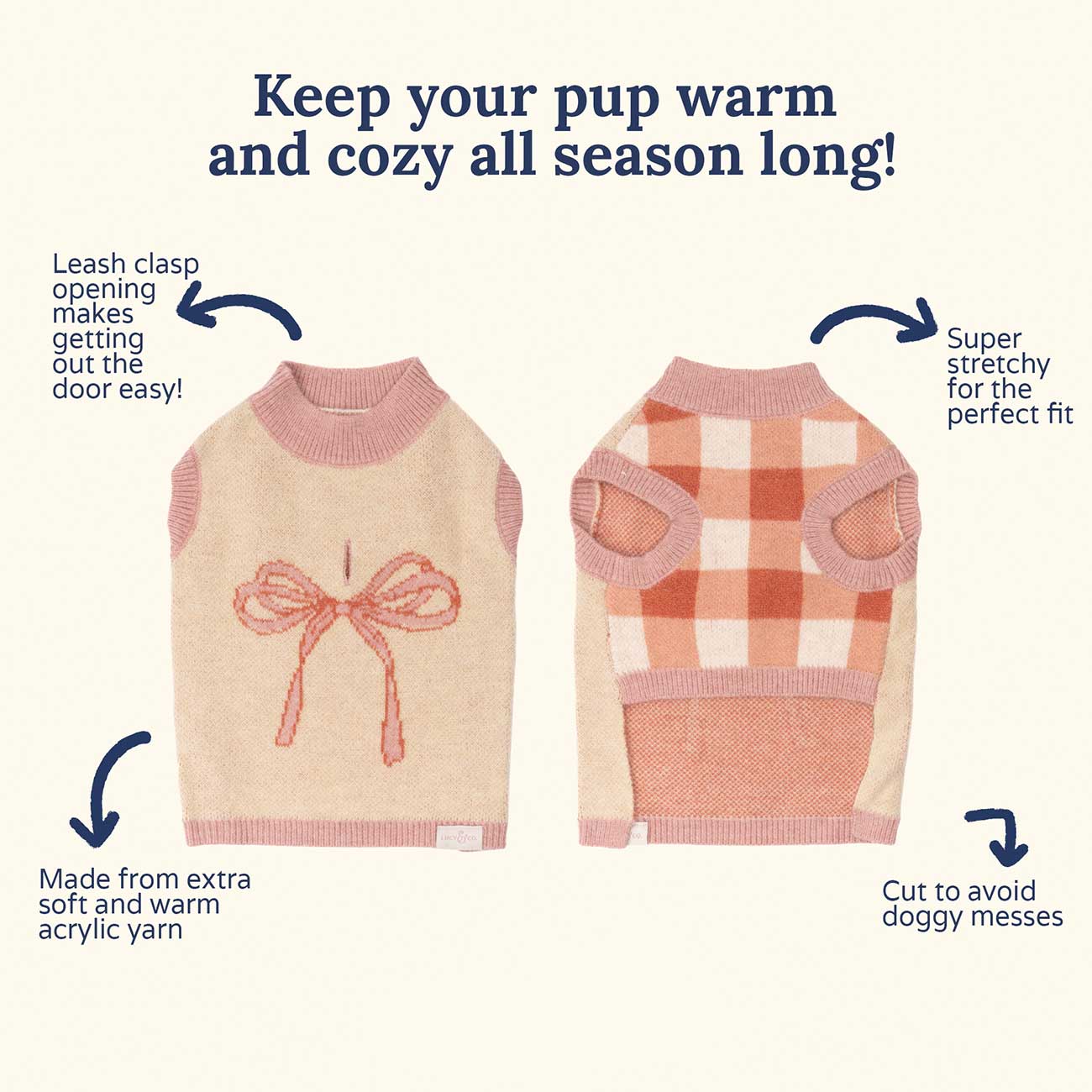 Two dog sweaters with features highlighted on a white background