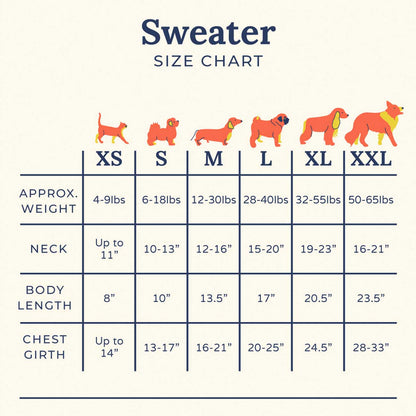 Dog sweater size chart with illustrations of dogs and corresponding measurements.