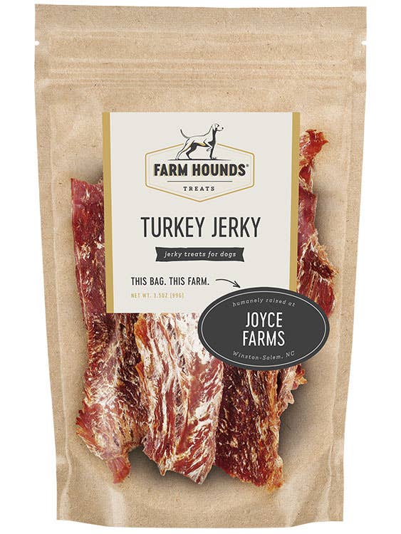 Package of Farm Hounds Turkey Jerky for dogs with visible branding on a white background