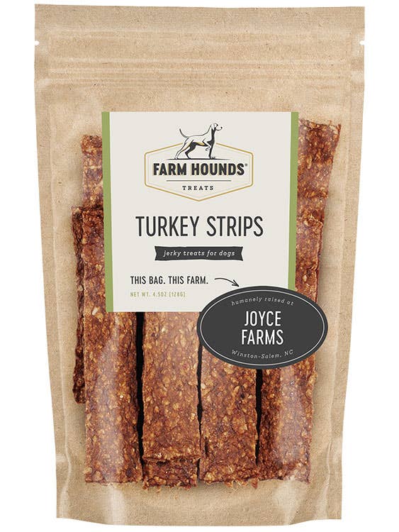 Package of Farm Hounds Turkey Strips dog treats with visible branding on a white background
