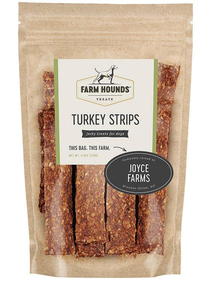 Package of Farm Hounds Turkey Strips dog treats with visible branding on a white background