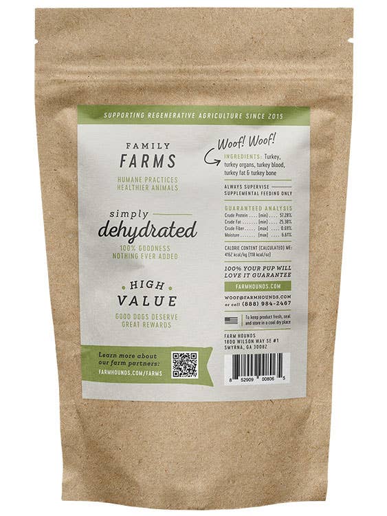 Kraft paper bag with a label for 'Family Farms' dehydrated pet food on a white background