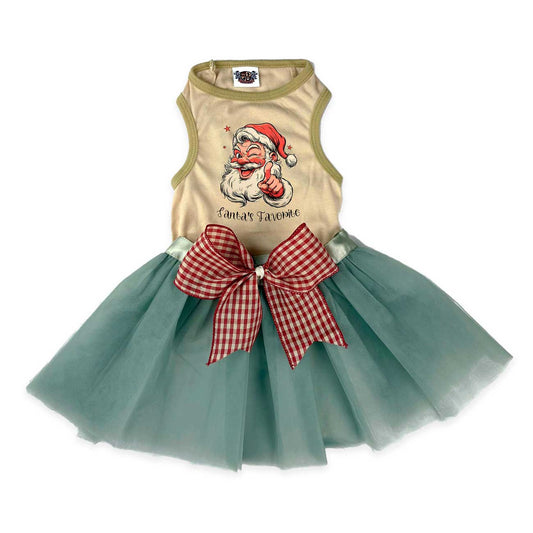 Dog dress with Santa Claus design and green tutu skirt on a white background