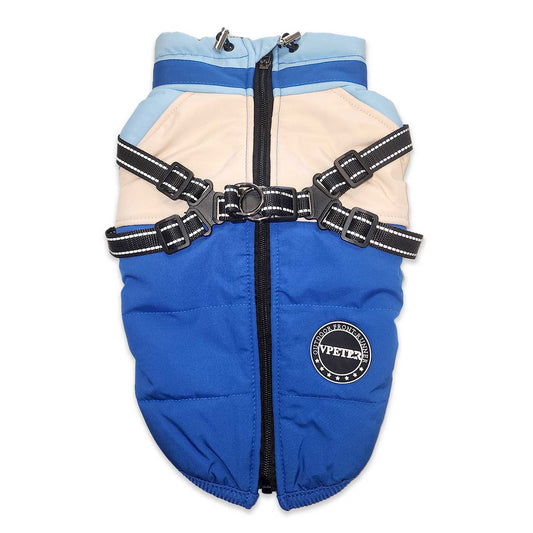 Blue and beige dog coat with harness on a white background