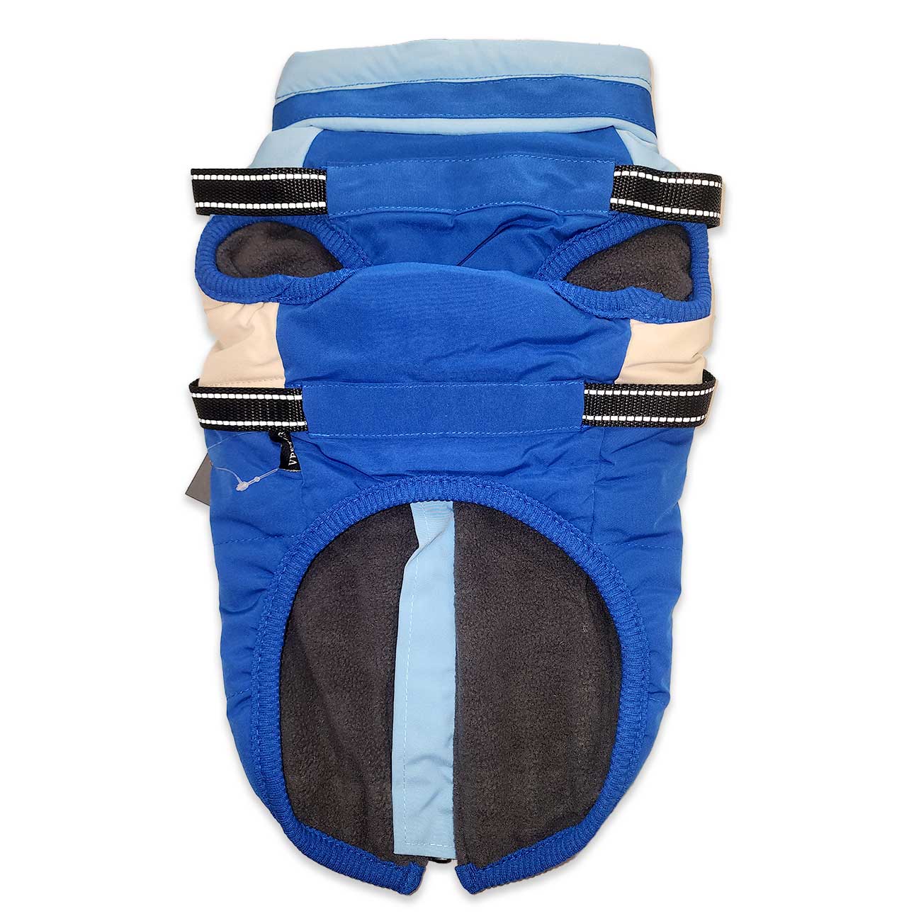 Blue dog vest with black and beige accents on a white background