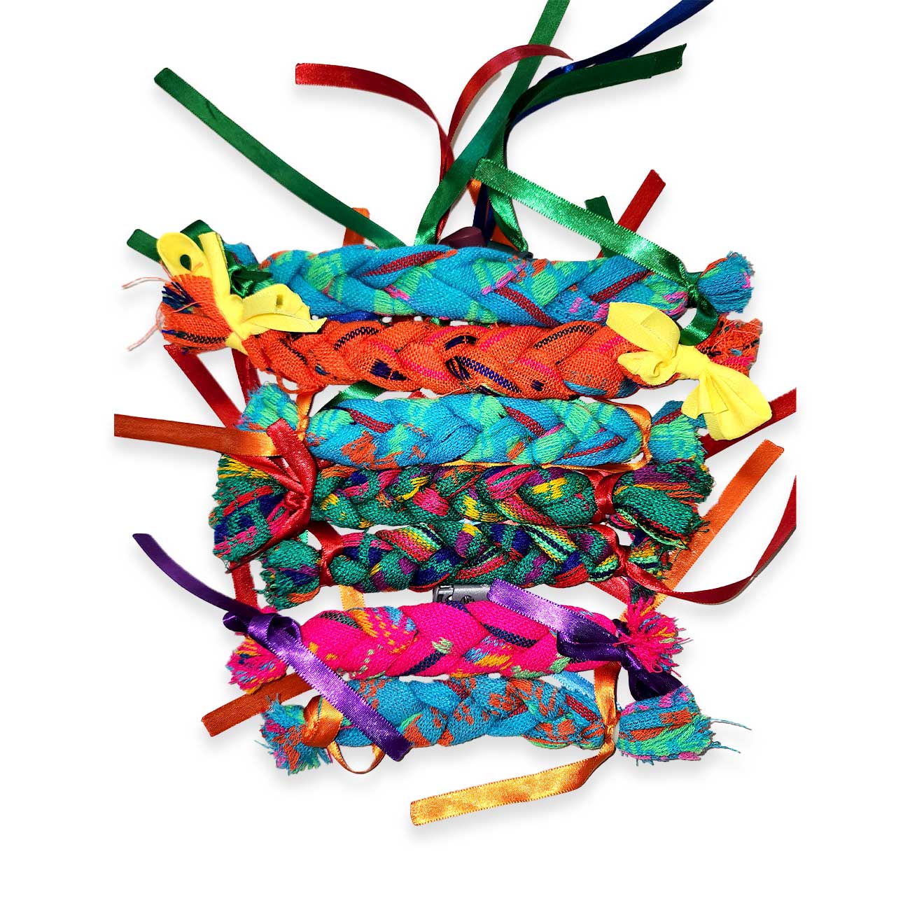 Colorful braided dog headbands on a white background