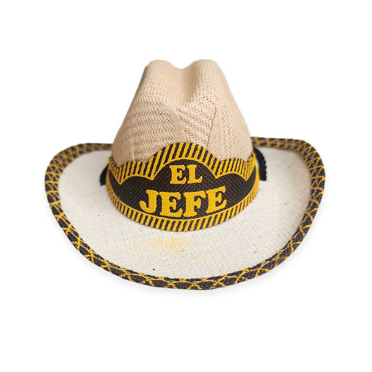 Cowboy dog hat with 'EL JEFE' band on a white background