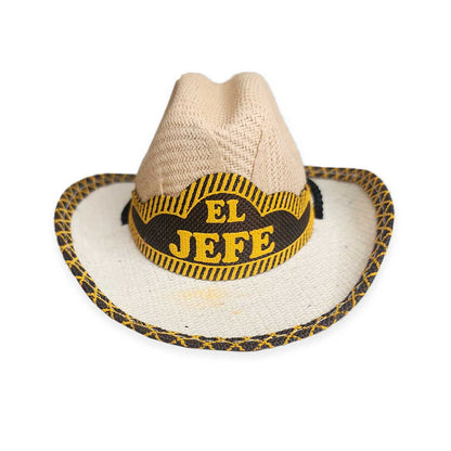 Cowboy dog hat with 'EL JEFE' band on a white background