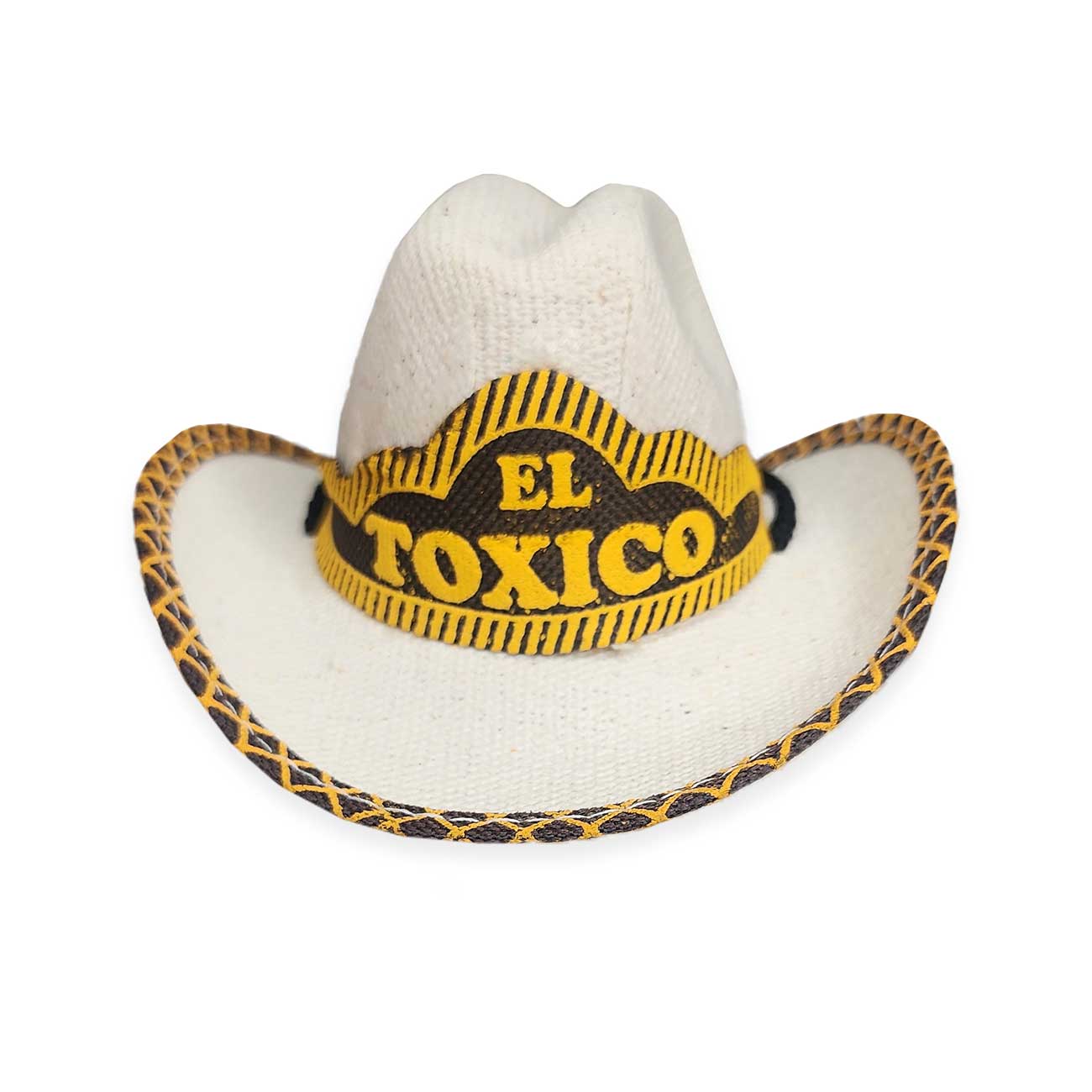 White cowboy dog hat with a yellow and black 'El Toxico' band on a white background