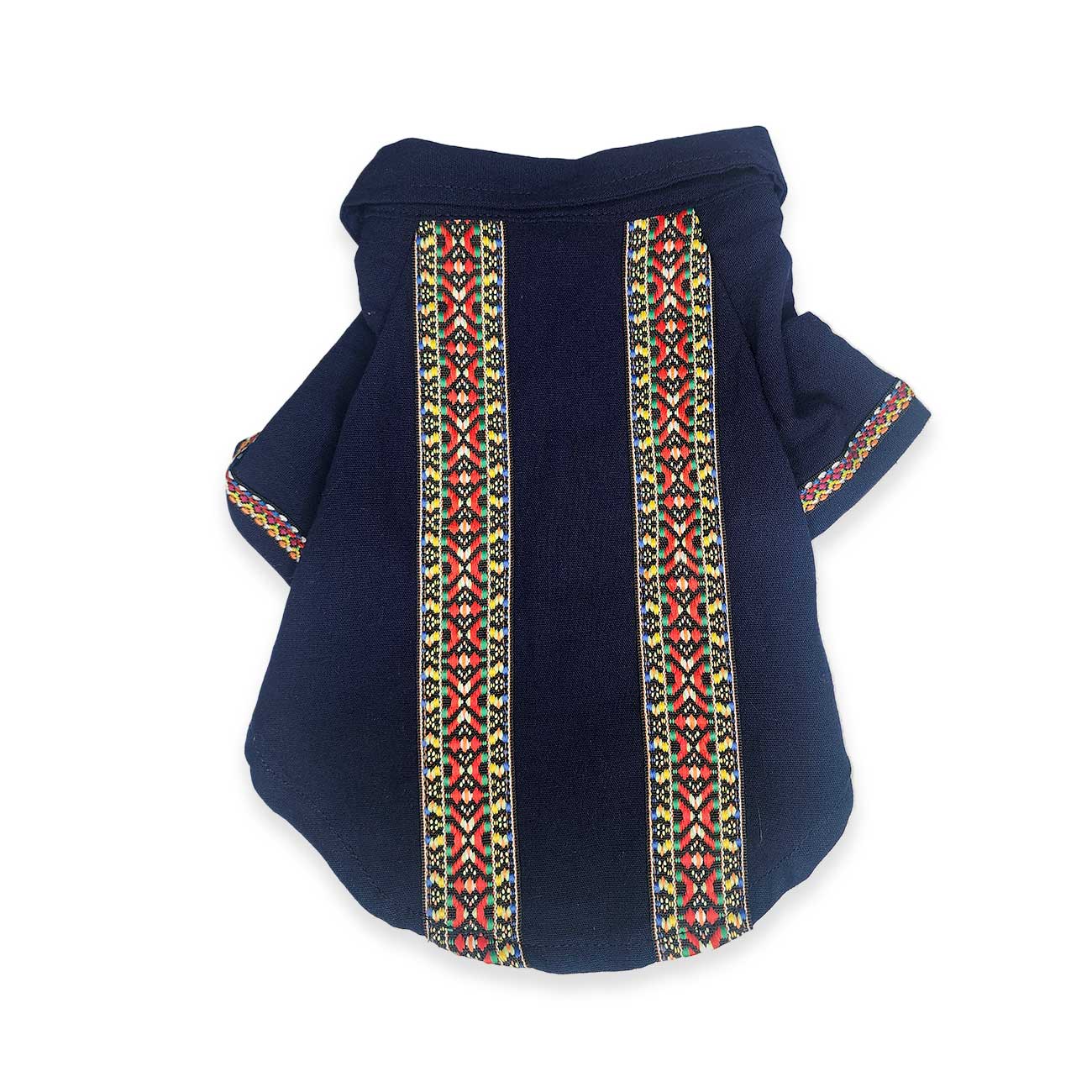 Navy blue dog shirt with colorful geometric patterns on a white background