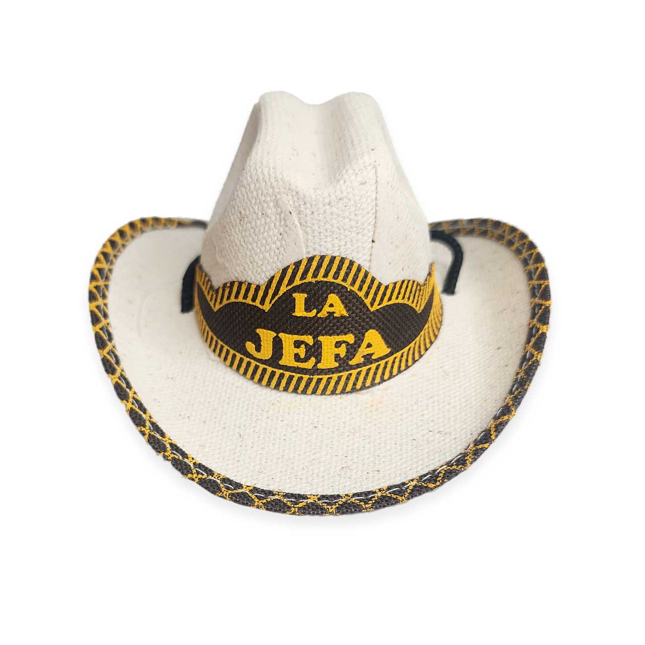 White cowboy dog hat with a black and yellow band reading 'LA JEFA' on a white background