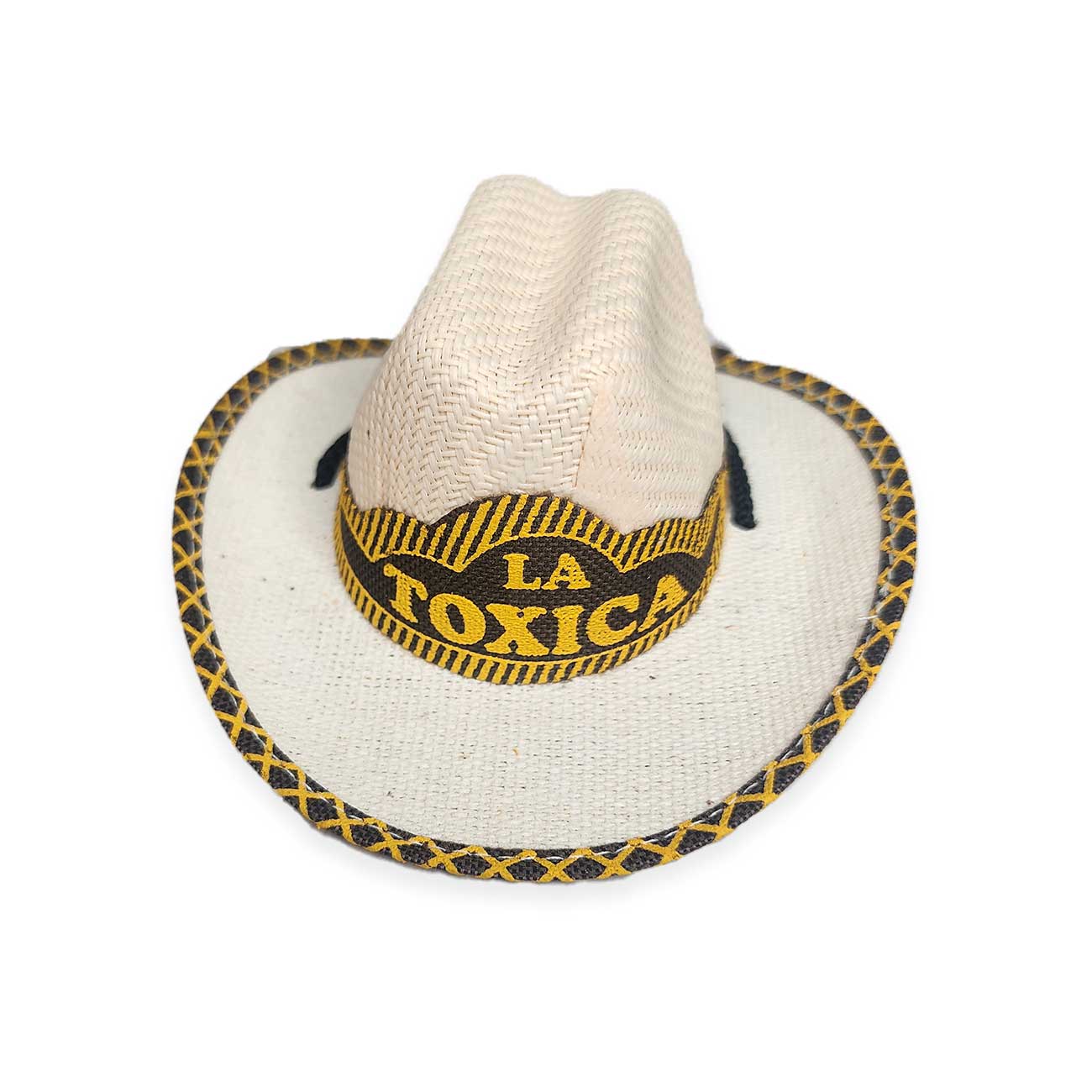 Cowboy dog hat with 'La Toxica' band on a white background