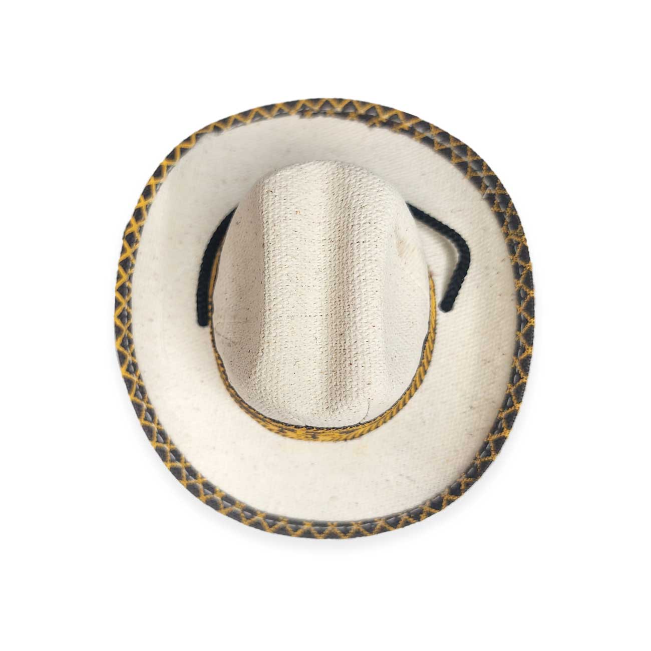White dog cowboy hat with a decorative brown and black band on a white background