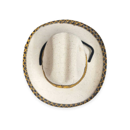 White dog cowboy hat with a decorative brown and black band on a white background