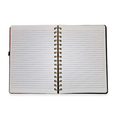 Open notebook with lined pages on a white background