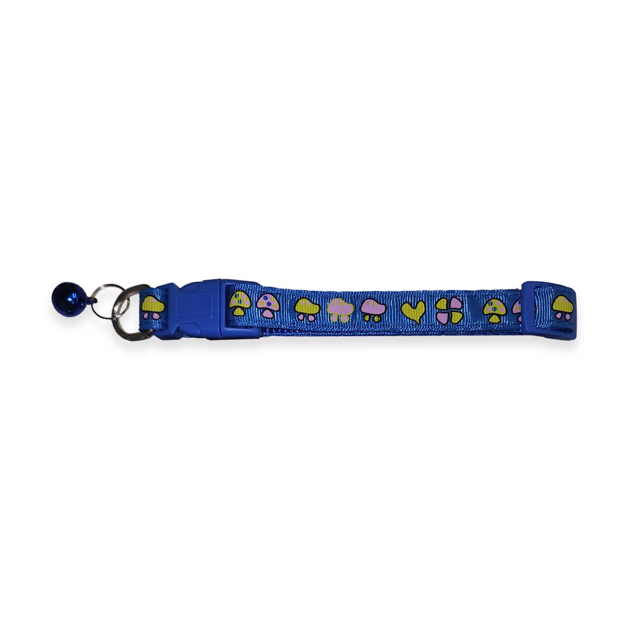 Blue dog collar with colorful mushroom patterns on a white background