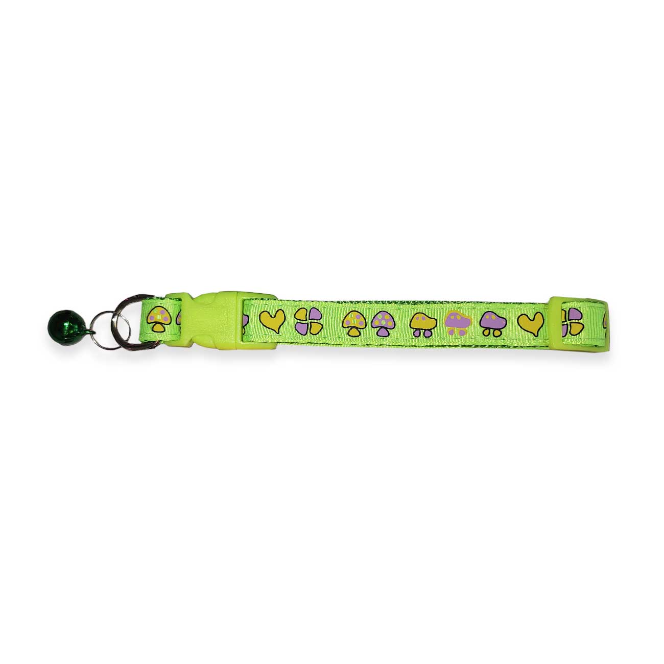 Green dog collar with colorful mushroom pattern on a white background