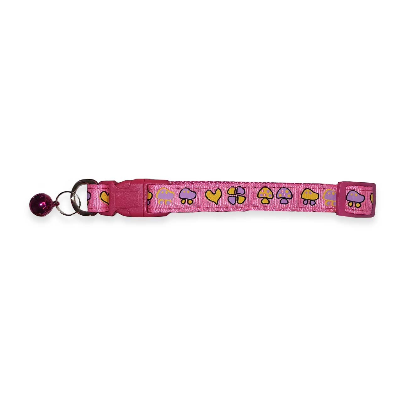 Hot pink dog collar with colorful mushroom pattern on a white background