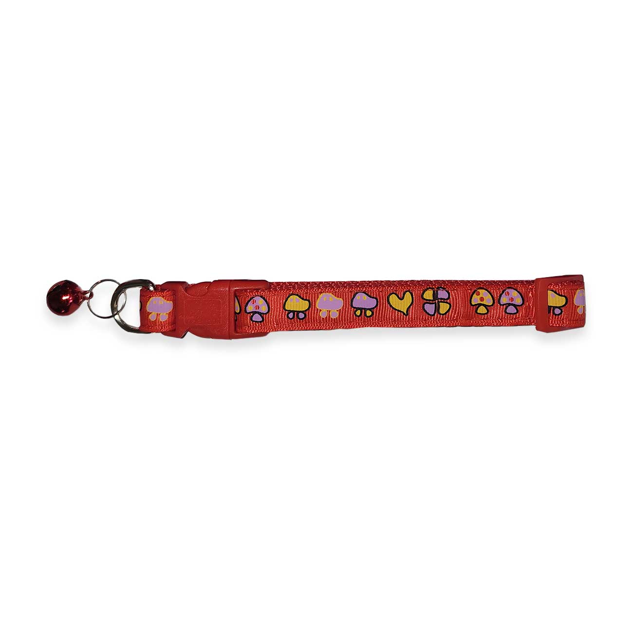 Red pet collar with colorful mushroom pattern on a white background