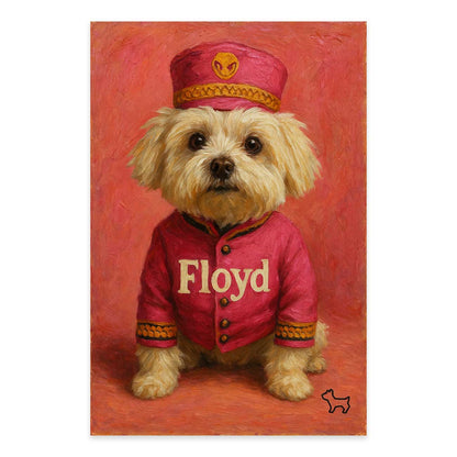 Dog wearing a red outfit with 'Floyd' on a red background