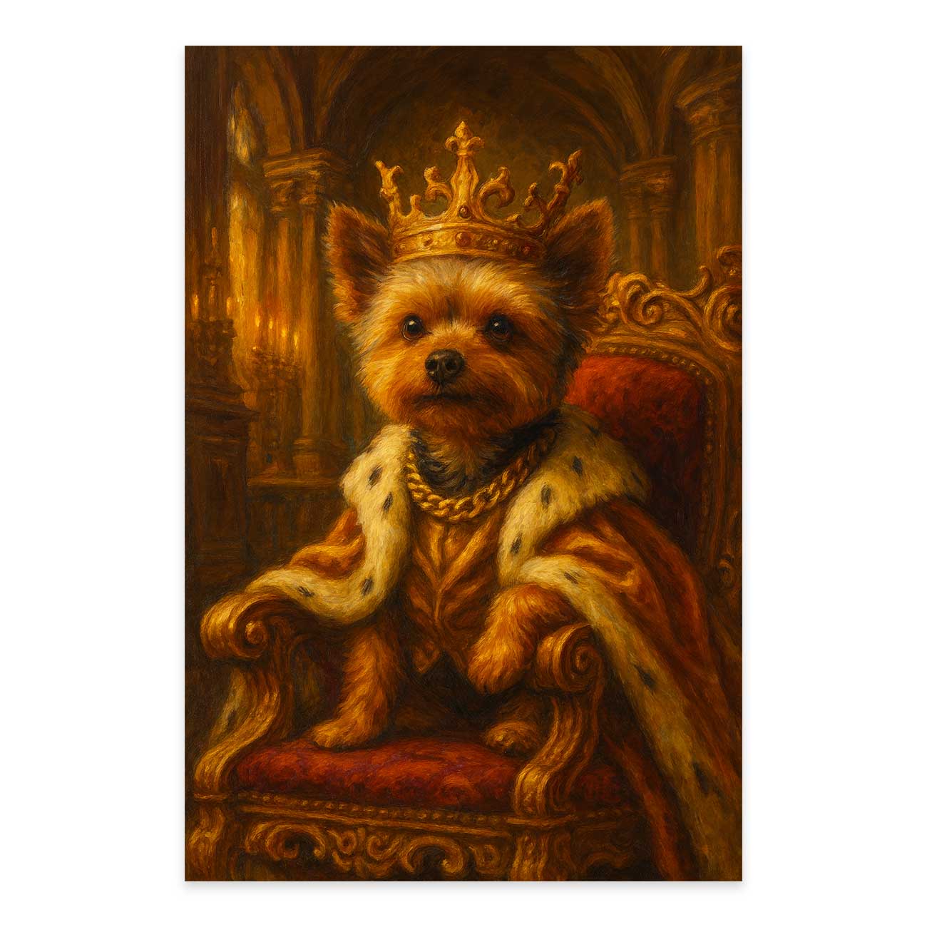 Dog wearing a crown and robe on an ornate throne