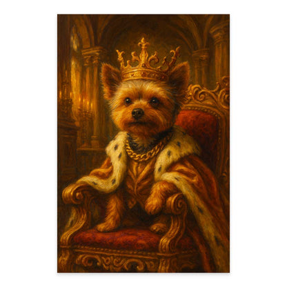 Dog wearing a crown and robe on an ornate throne