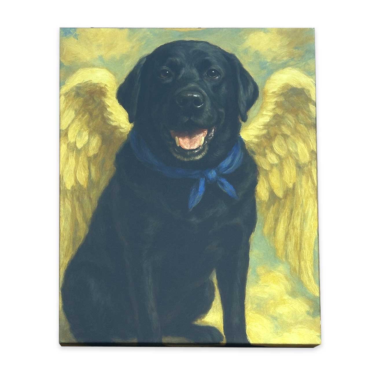 Black dog with angel wings and a blue scarf on a yellow background