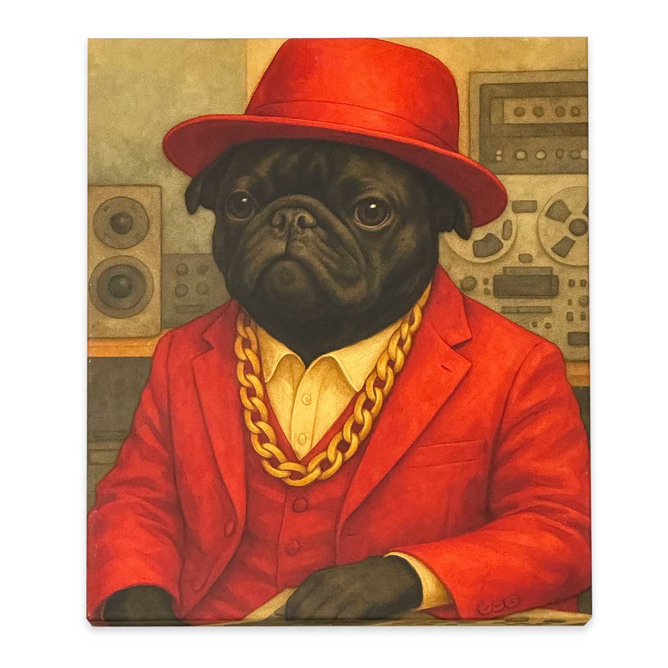 Painting of a pug dog wearing a red hat, red jacket, and gold chain in a vintage setting.