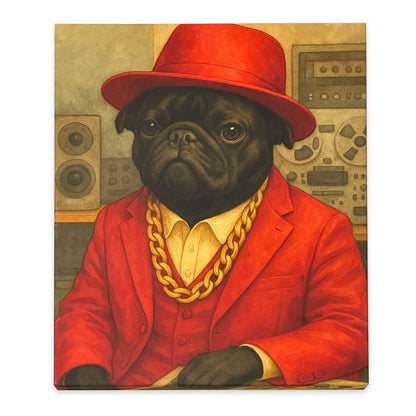 Painting of a pug dog wearing a red hat, red jacket, and gold chain in a vintage setting.